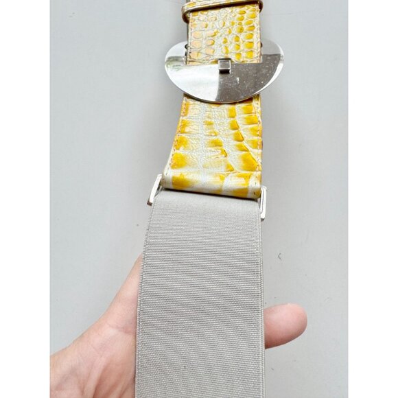 SUZI ROHER Yellow Patent Croc Embossed Leather Elastic Stretch Belt, Size S+ - Picture 4 of 10